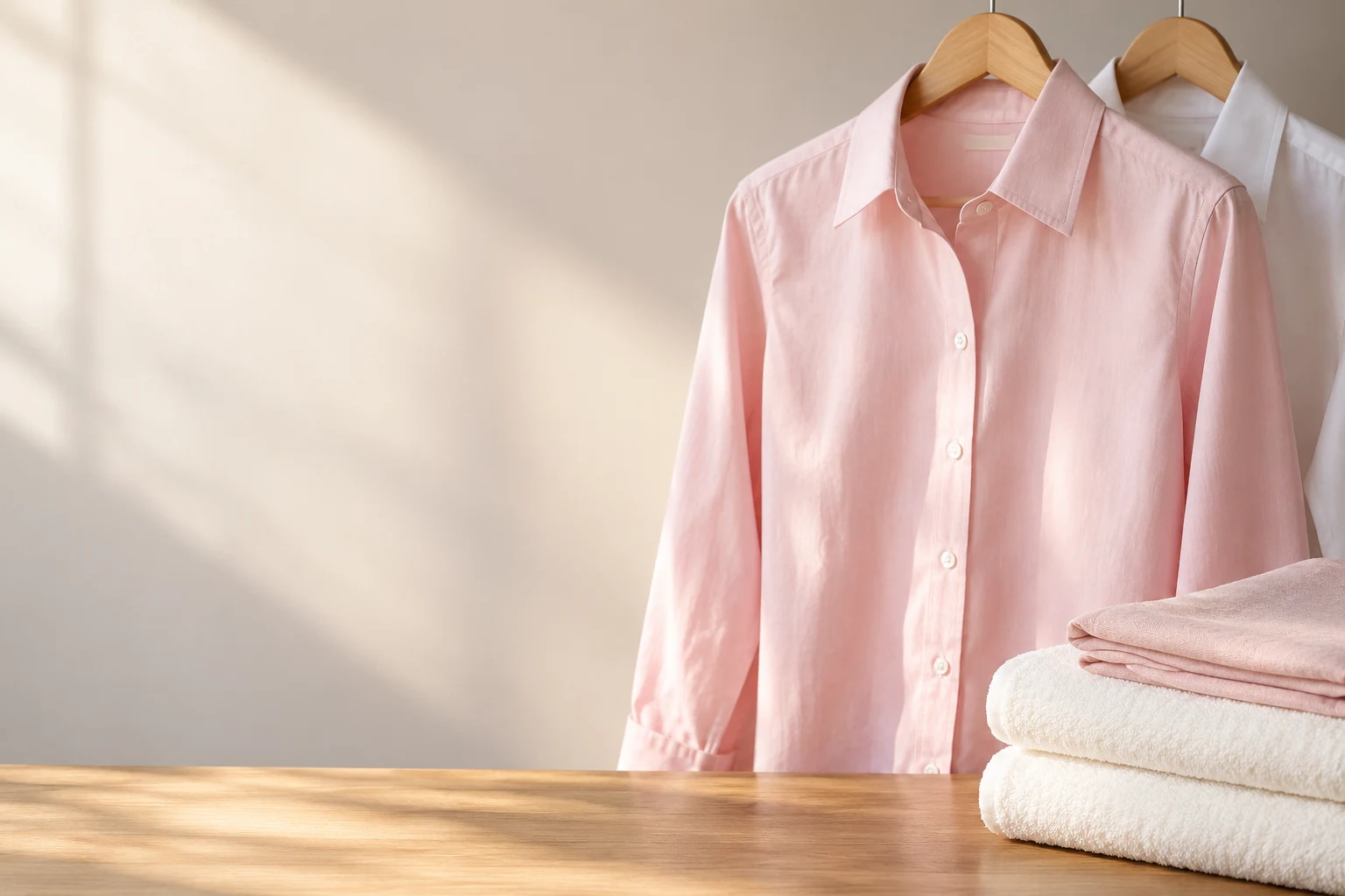 Camisas cuidadas em tons claros e roupa dobrada